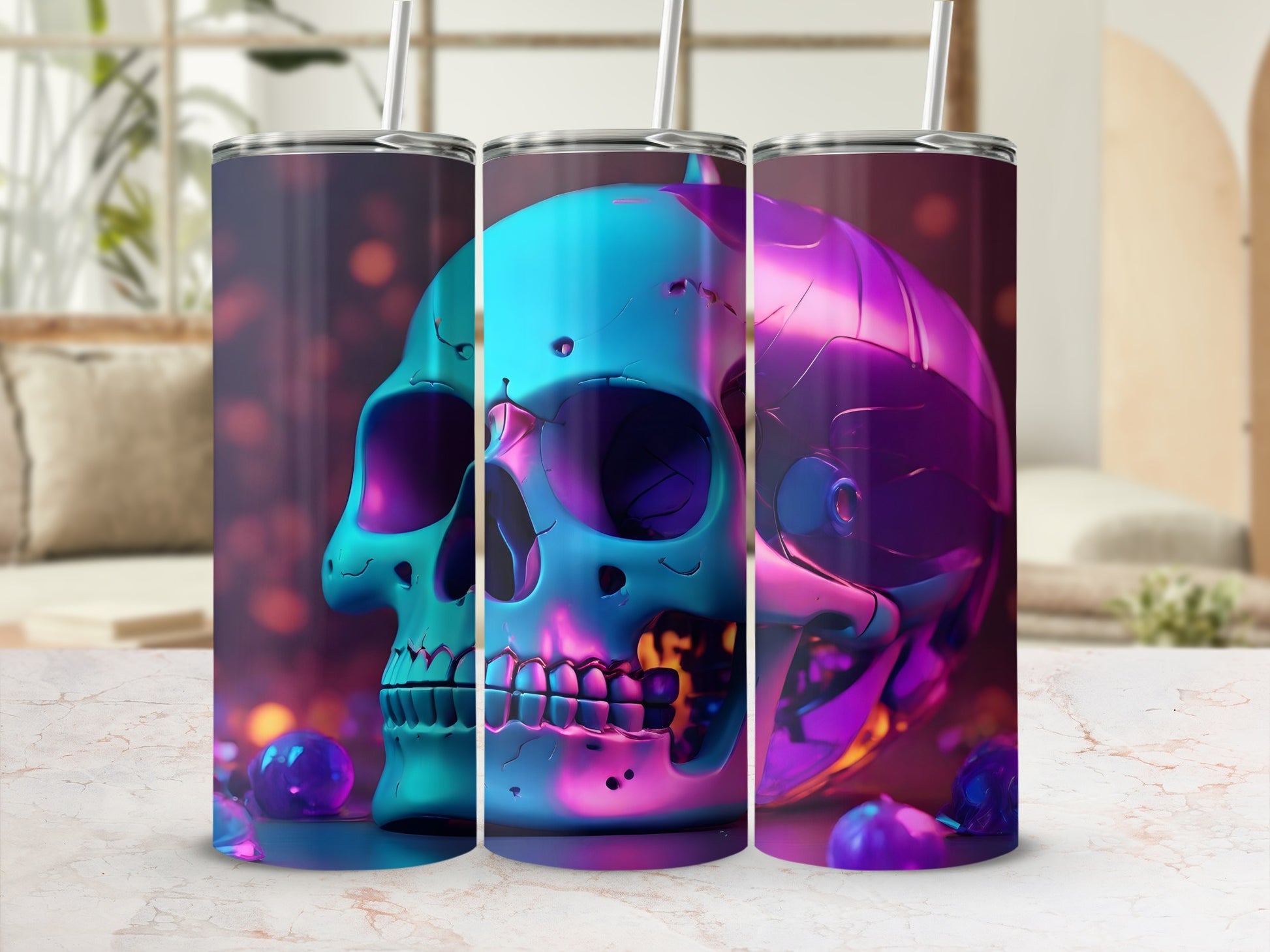 Skulls with colorful metallic sheen, one on each side, centered with a bokeh background.