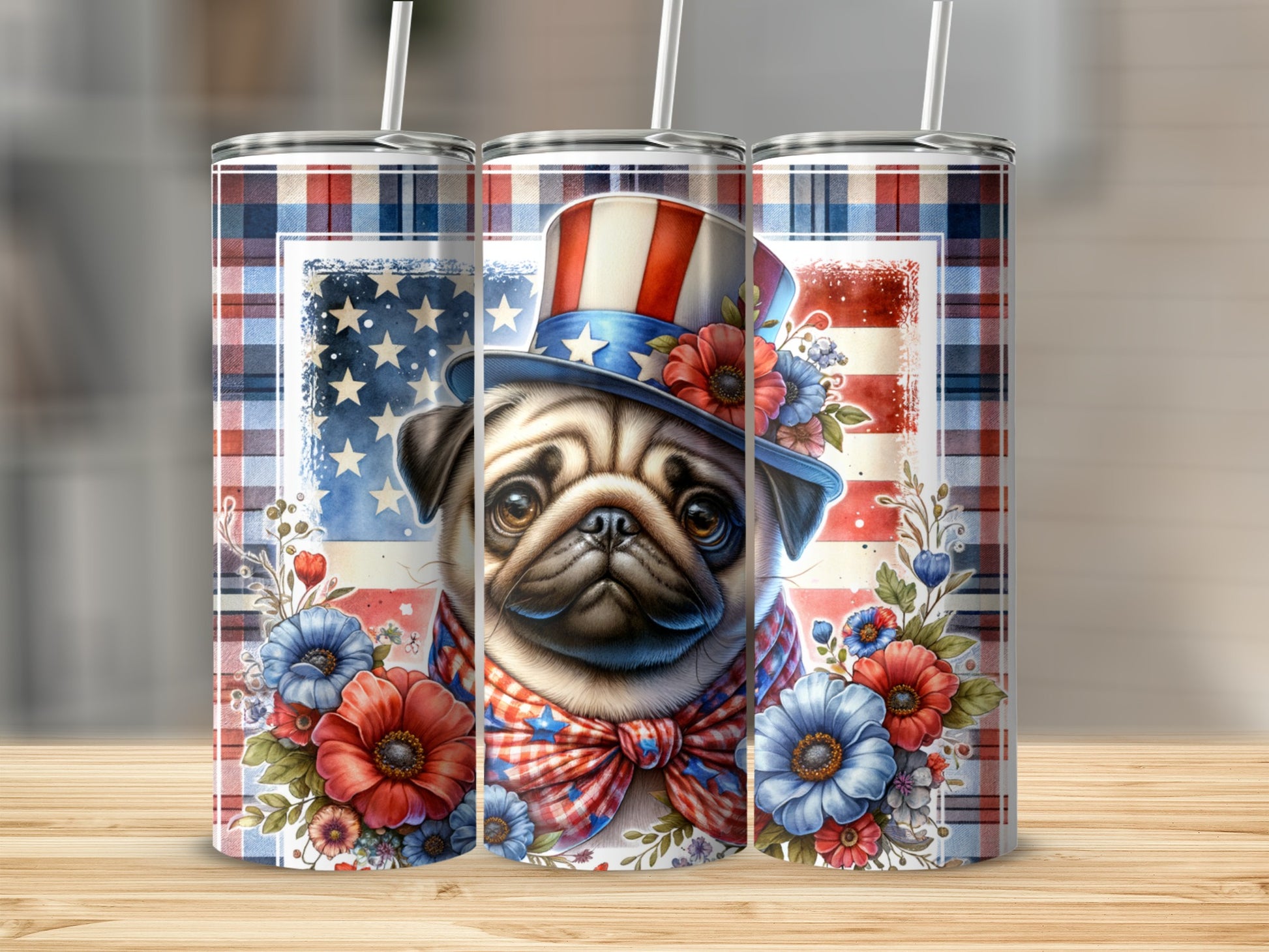 Patriotic pug wearing a top hat and bowtie with floral accents.