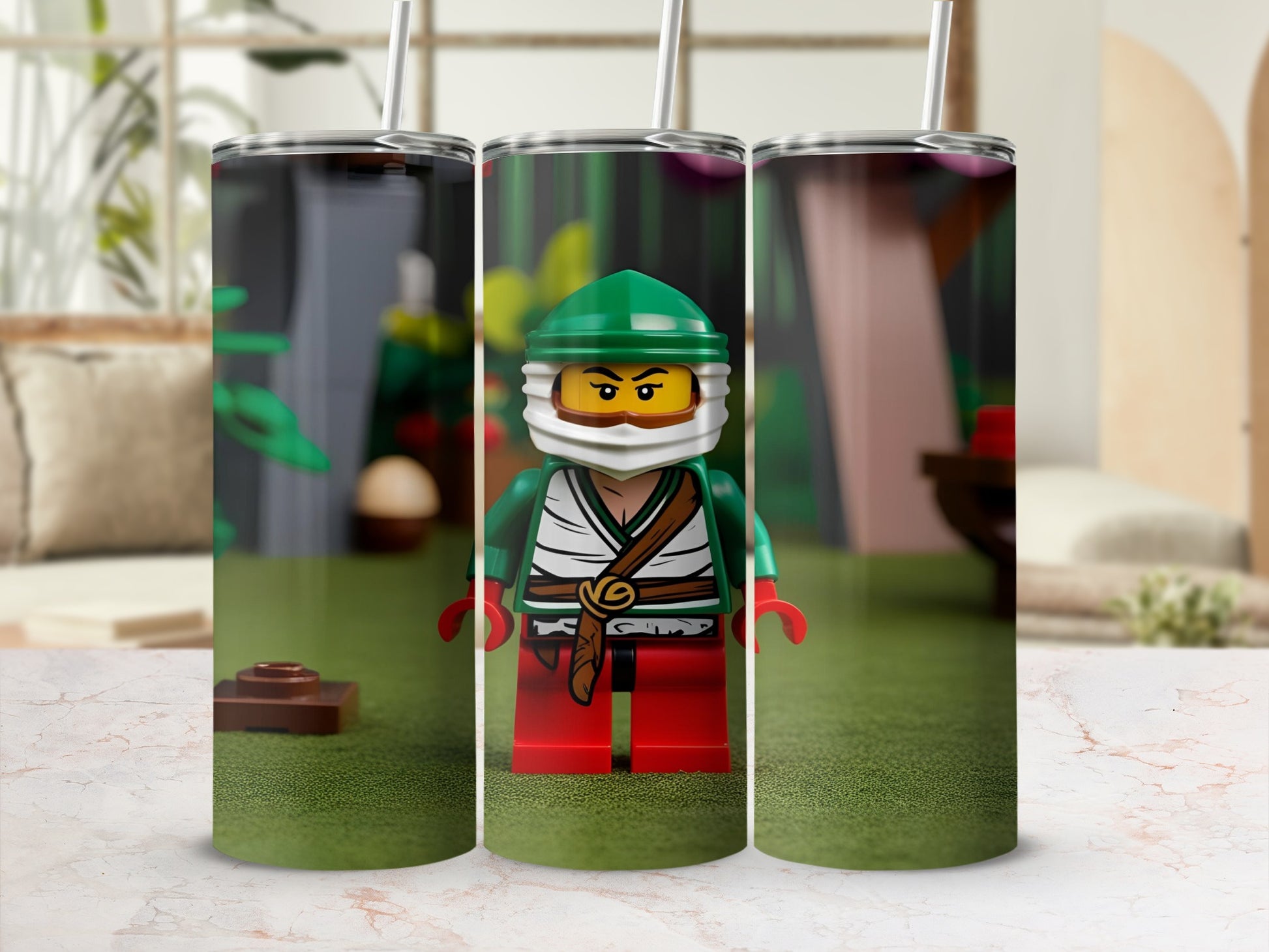 Three Lego ninjas wearing green hats and masks on tumblers.