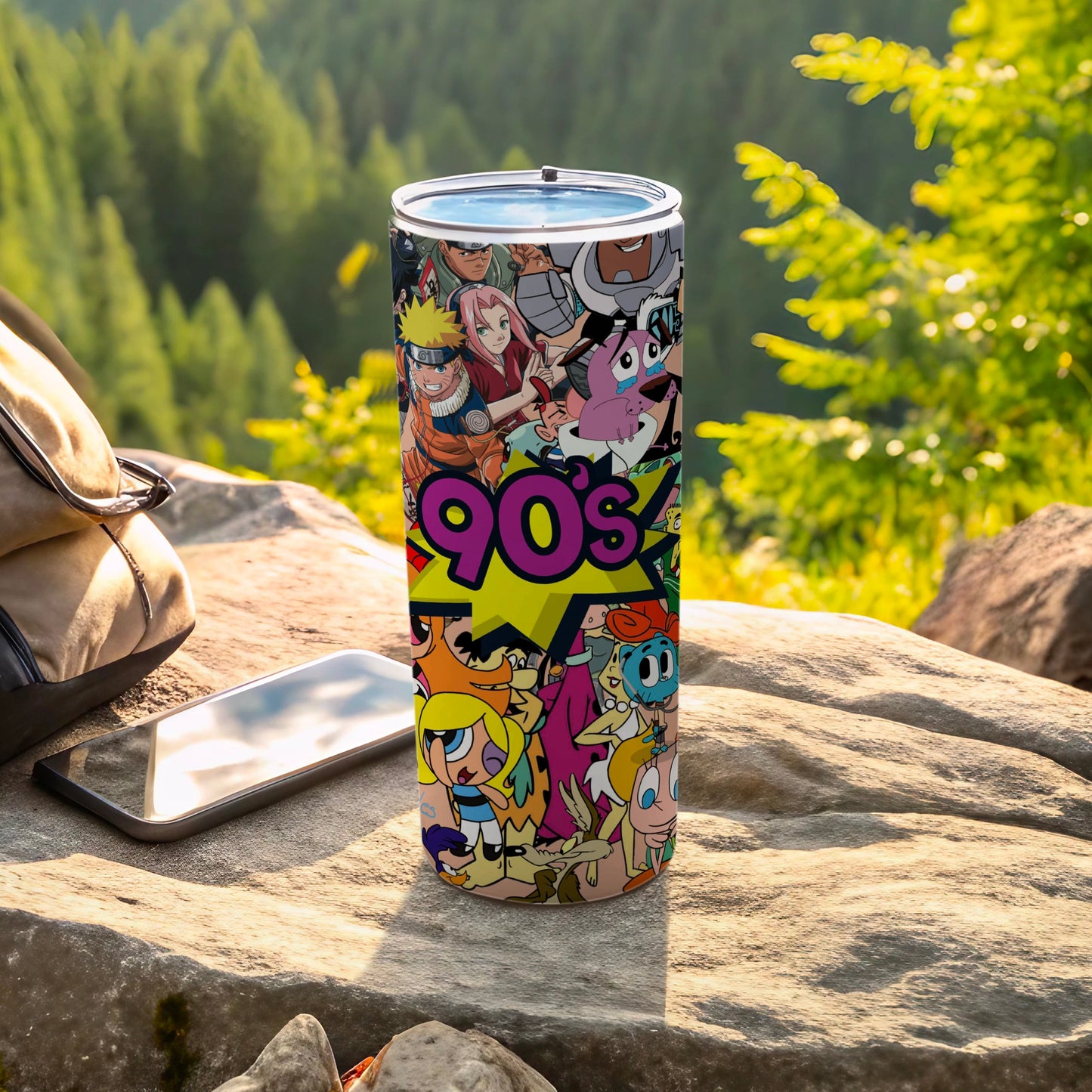 Vibrant 90's Themed Cartoon Characters Tumbler Cup