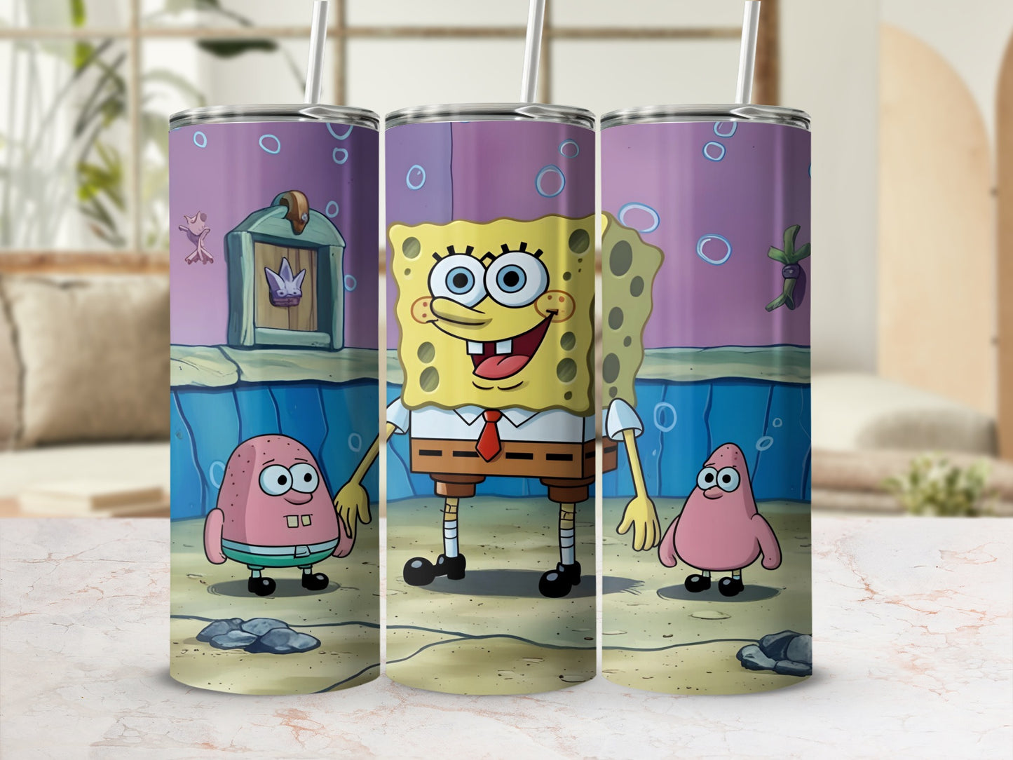 SpongeBob SquarePants and Patrick Star with underwater background.
