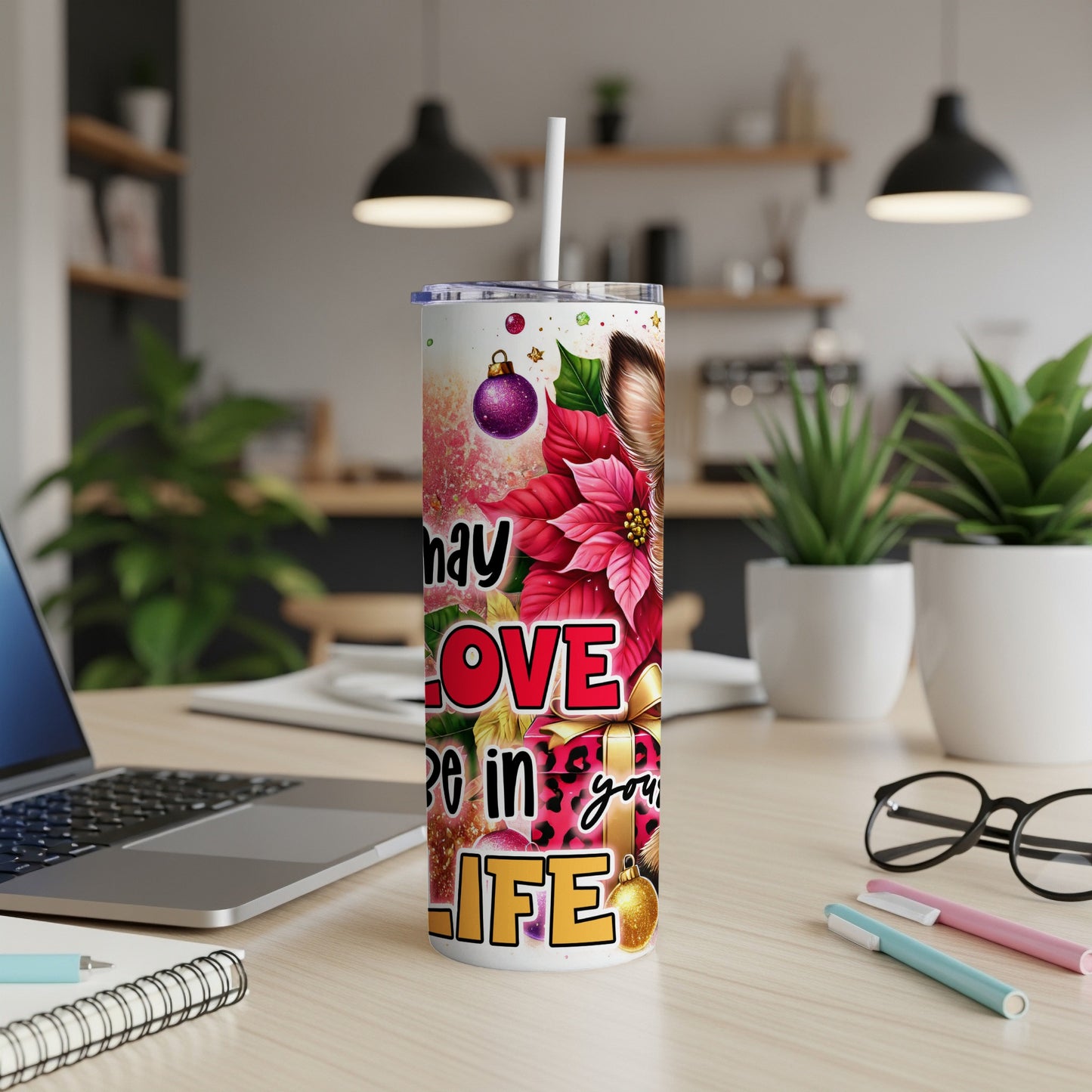 Christmas tumbler with festive poinsettias, leopard print, and "May love be in your life" text.