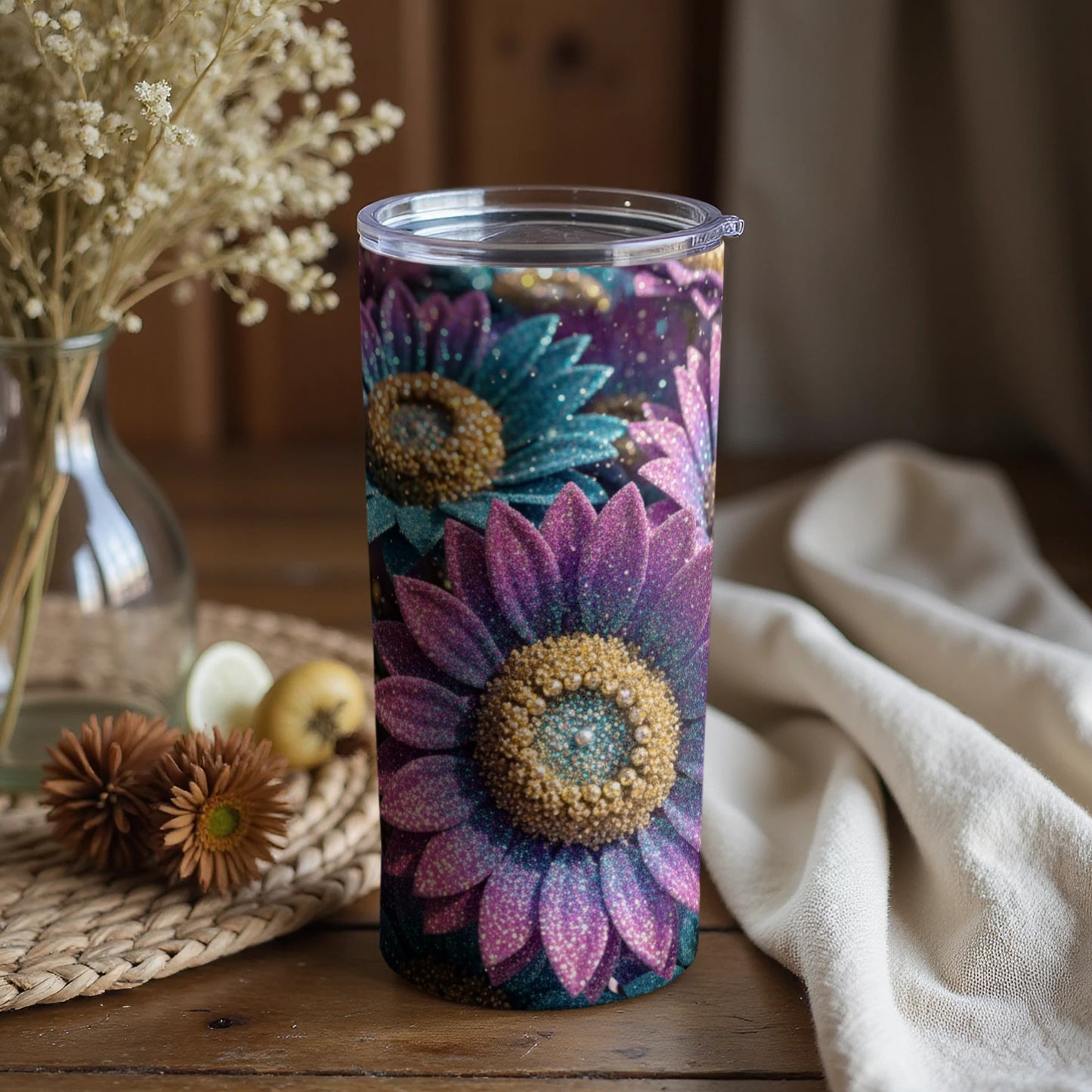 Glittery Floral Insulated Tumbler with Artistic Design