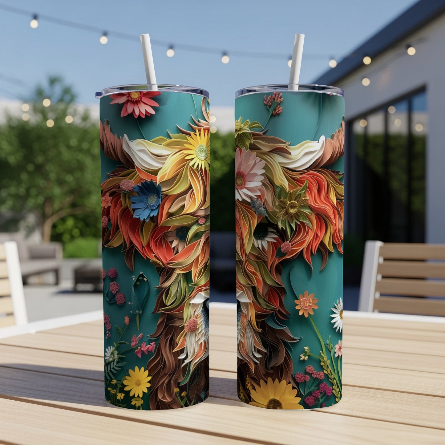 Two teal tumblers featuring a Highland cow illustration with floral accents.