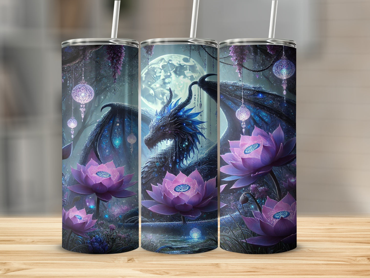 Dragon and Lotus Fantasy Art Stainless Steel Tumbler