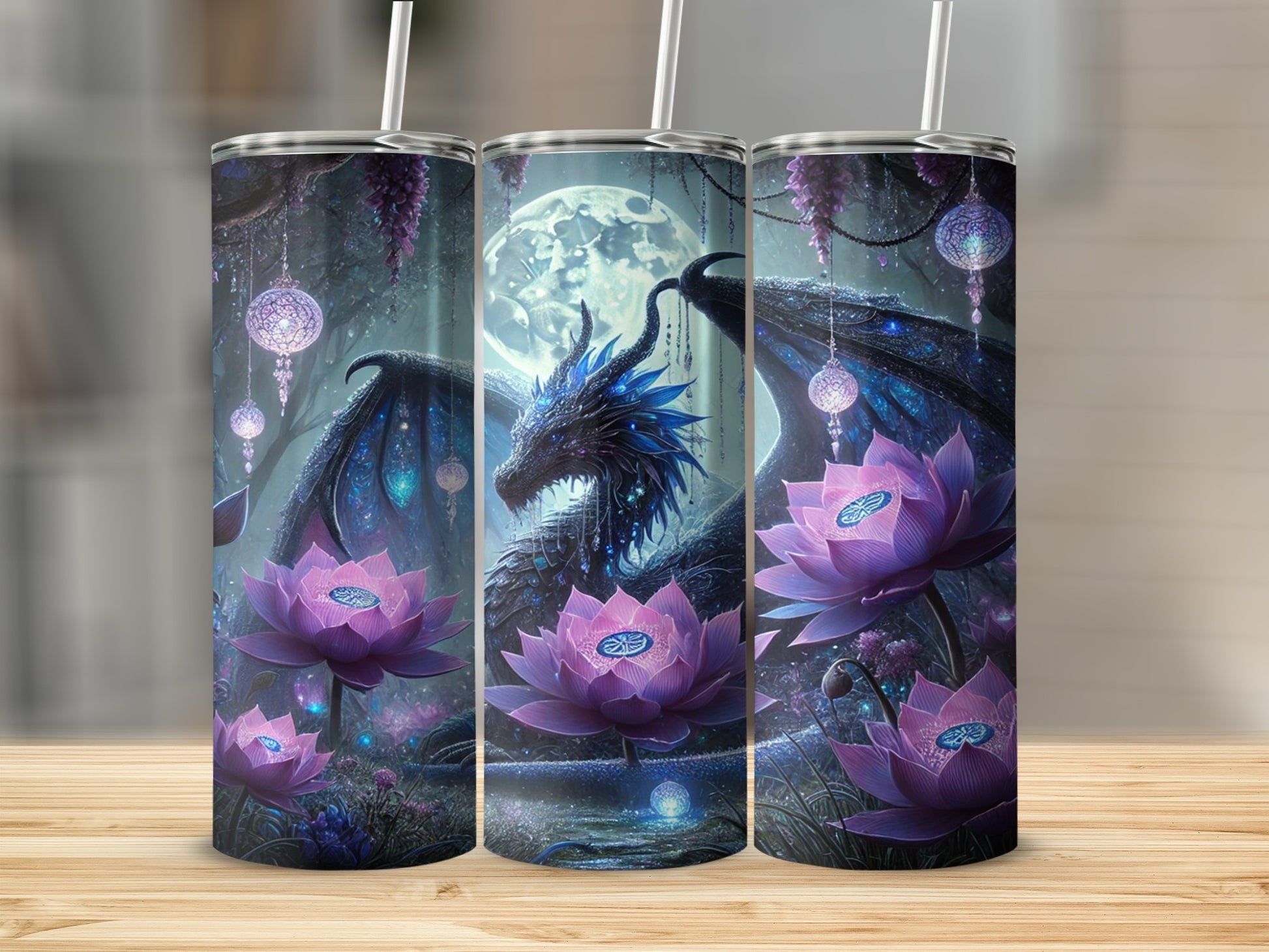 Dragon and Lotus Fantasy Art Stainless Steel Tumbler