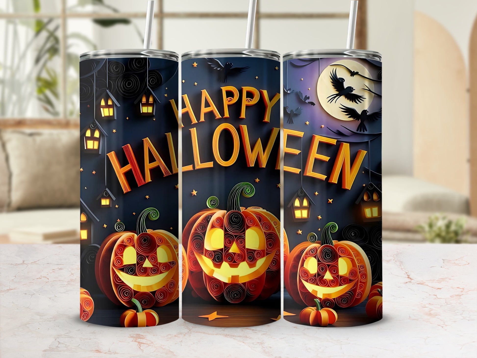 Three tumblers with Halloween theme: jack-o'-lanterns, spooky houses, and bats.
