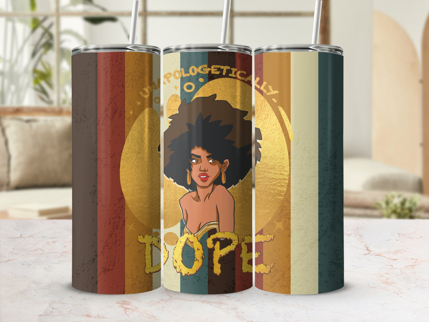Tumbler with retro stripes, woman, and "Unapologetically Dope" text.