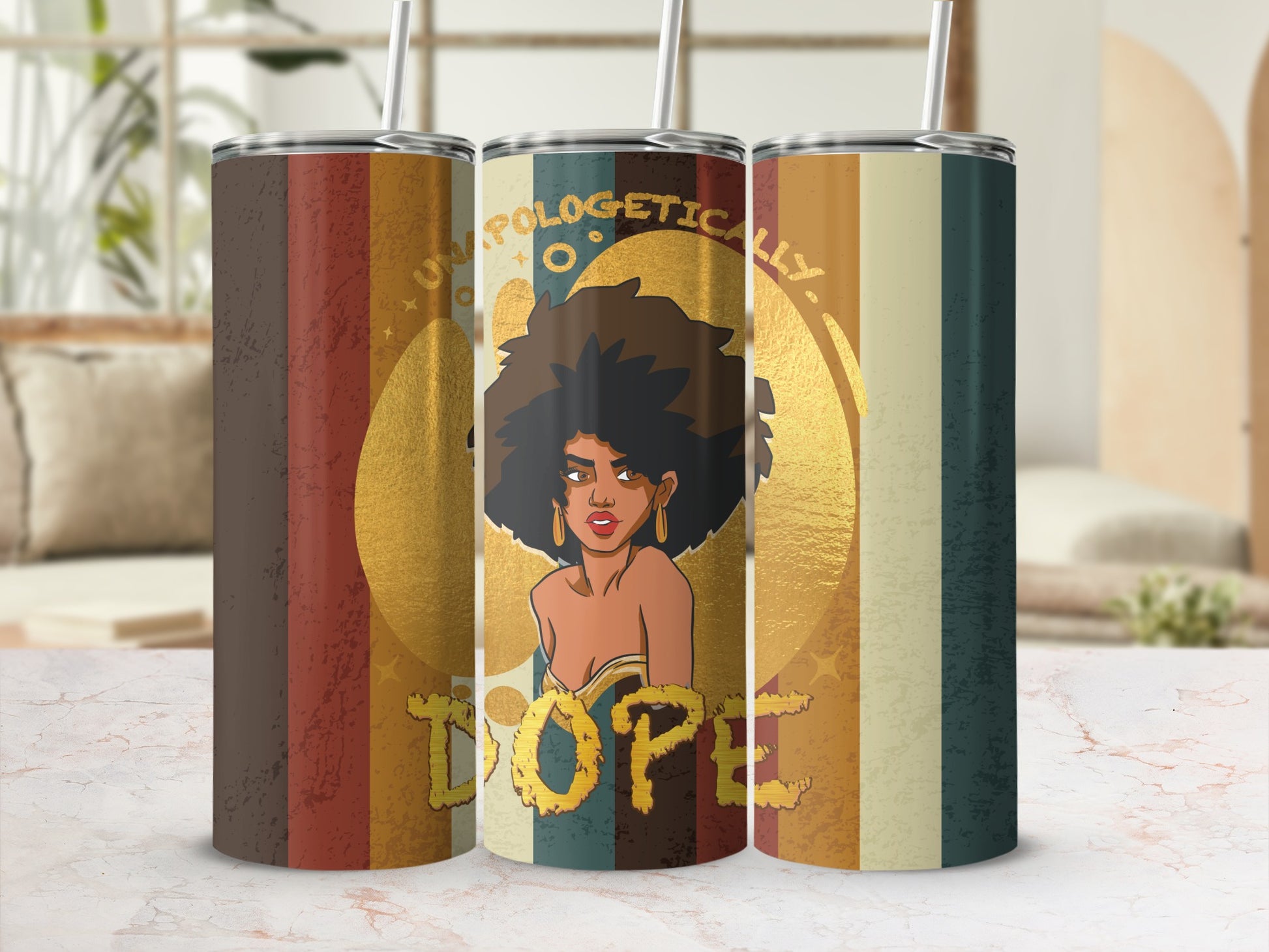 Tumbler with retro stripes, woman, and "Unapologetically Dope" text.