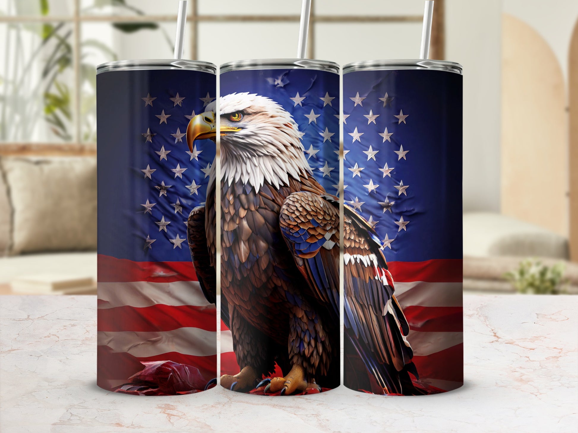 Eagle and American flag design on a stainless steel tumbler.