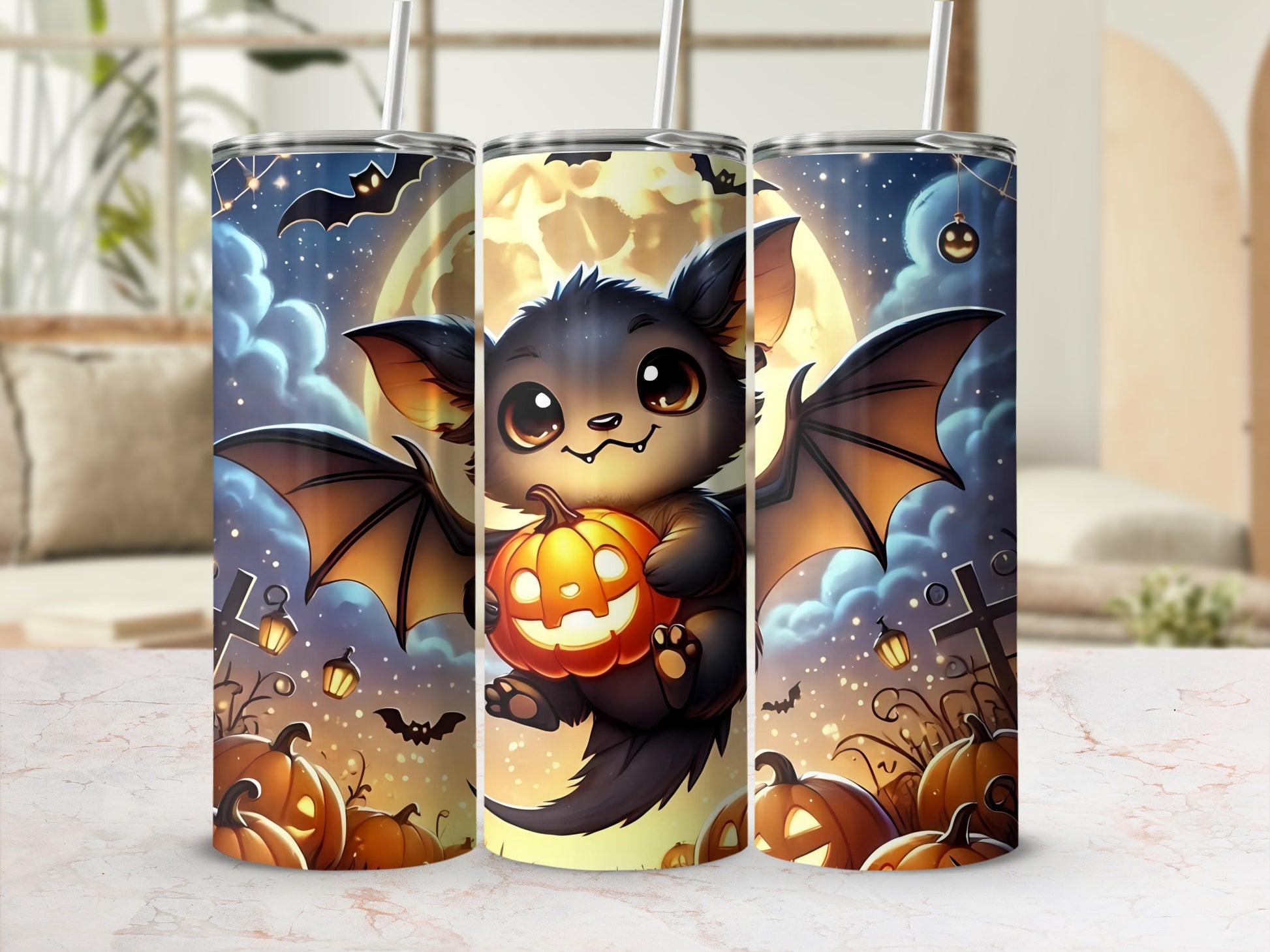 Three tumblers feature a Halloween design with a cute bat holding a pumpkin under a moonlit sky.
