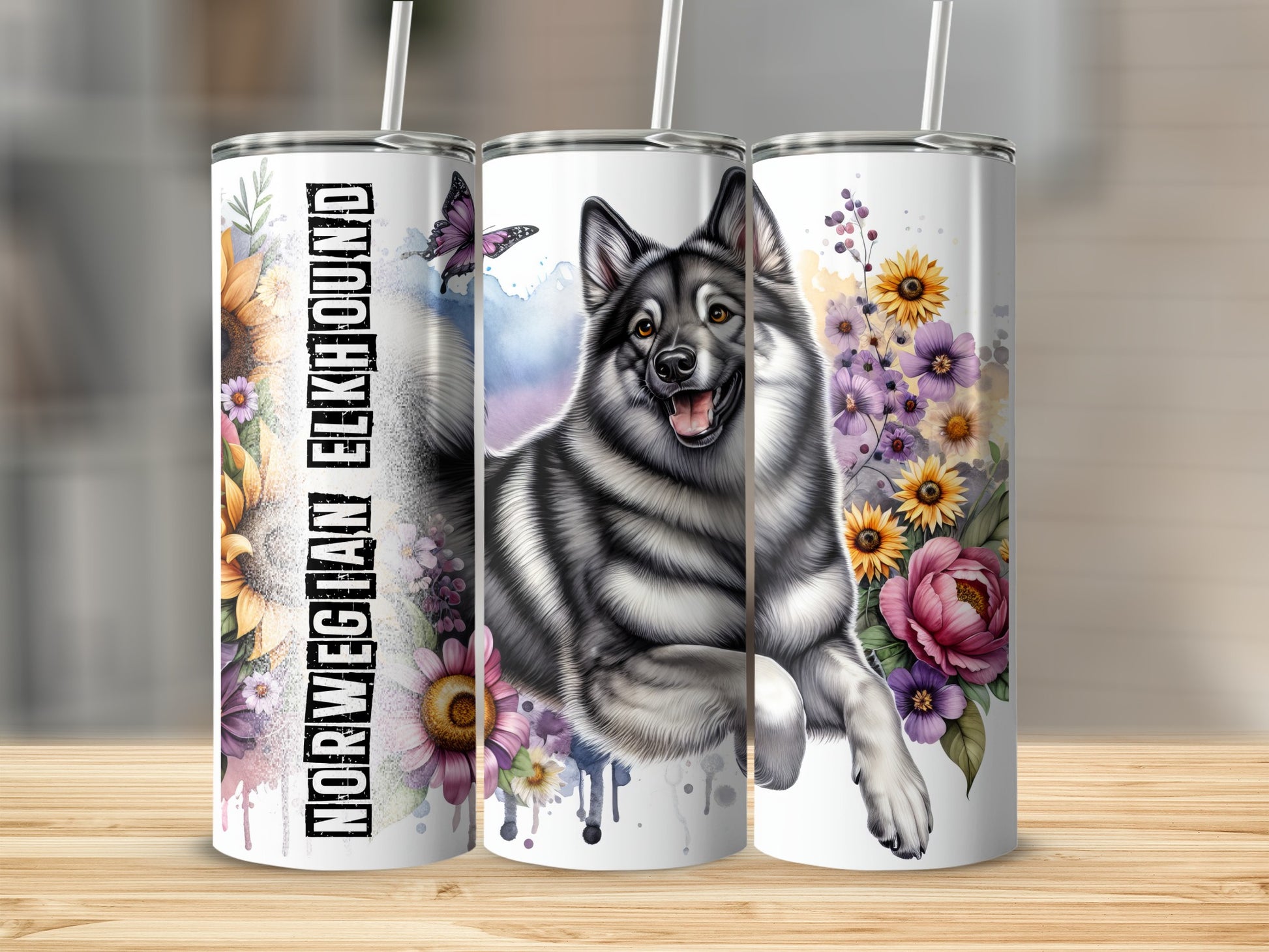 Norwegian Elkhound with colorful flowers on a white tumbler.
