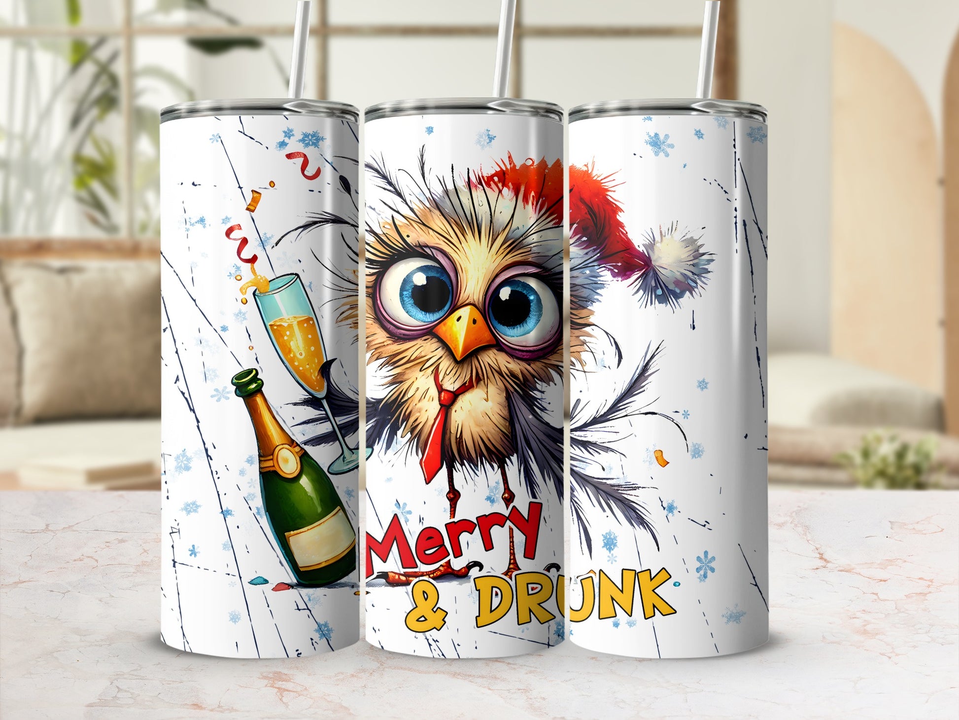 Cartoon owl wearing Santa hat, holding champagne, text "Merry & Drunk".