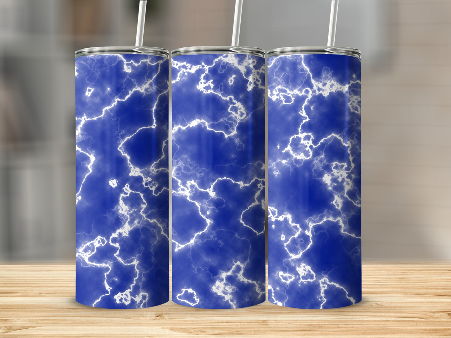 Blue Clouds With White Lightning Abstract Design Tumblers
