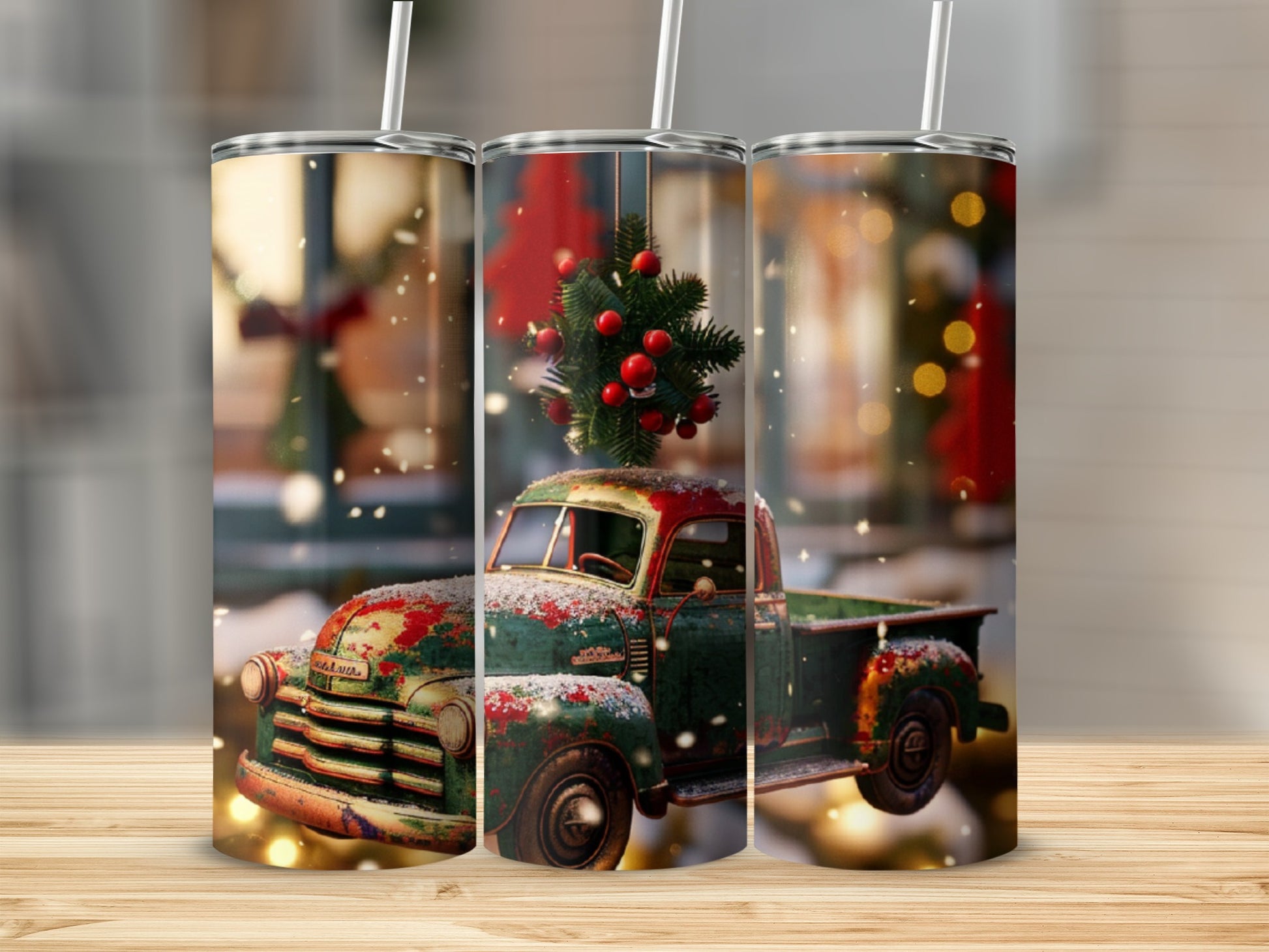 Vintage green truck with Christmas tree on a tumbler.