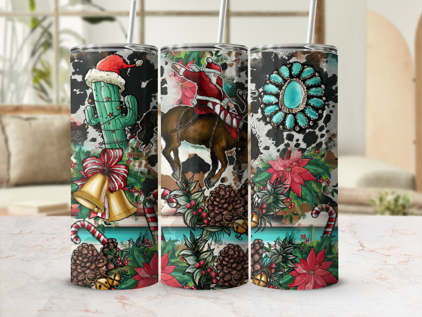 Christmas tumblers with Santa, cactus, bells, poinsettias, and cowhide pattern.