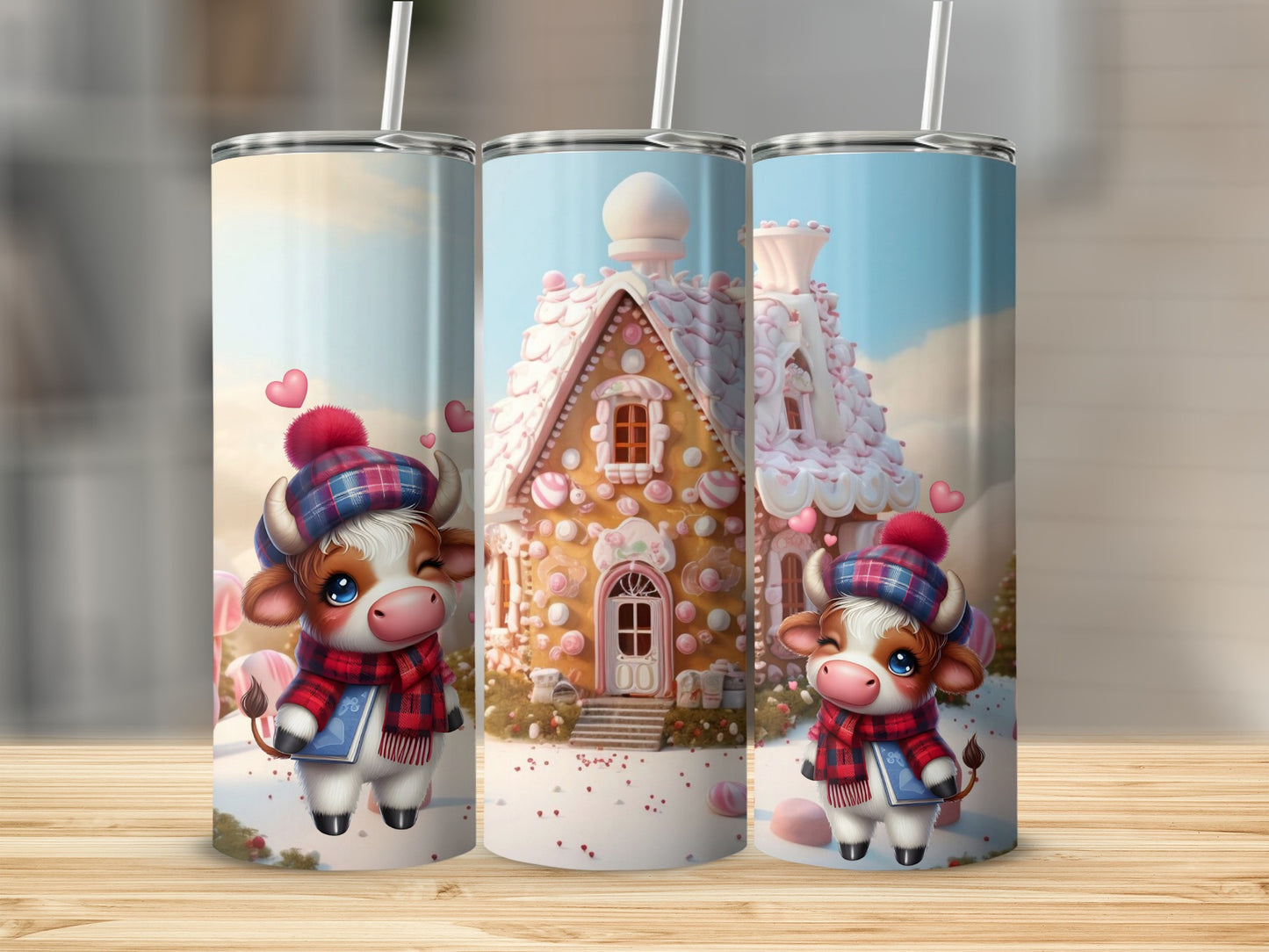 Adorable Highland Cow with Gingerbread House Tumbler