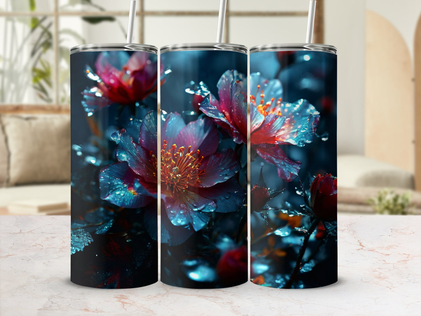 Three tumblers featuring vibrant blue and pink flowers with dew drops.