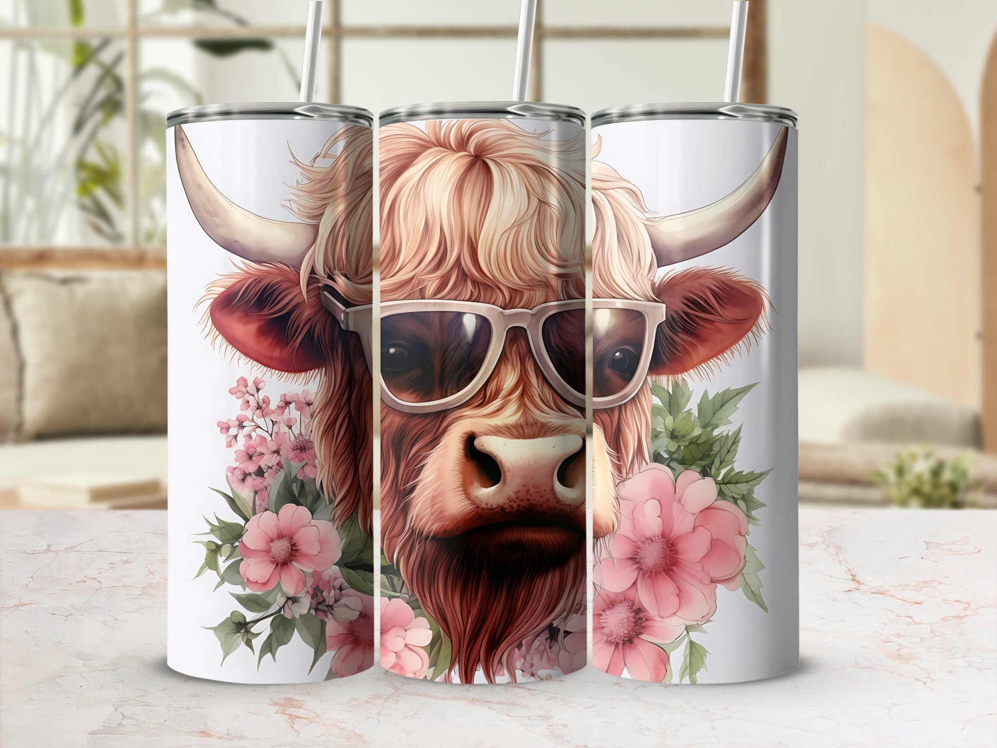 Highland cow with sunglasses and flowers on a tumbler.