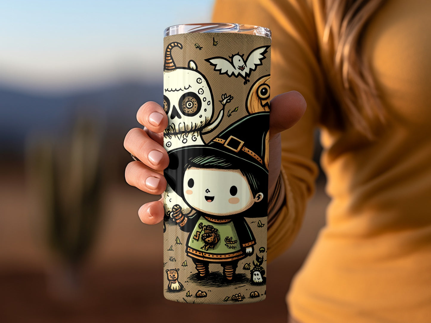 Cute Halloween Witch and Skull Design Tumbler