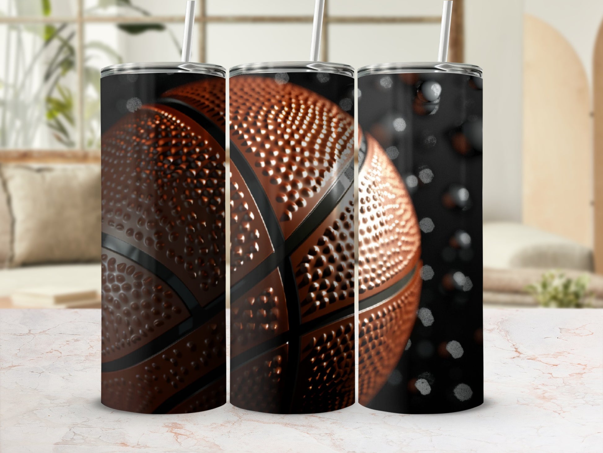 Three tumblers featuring a close-up basketball texture design.