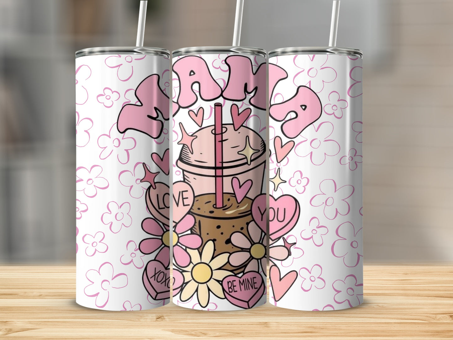 Cute Pink Mama Love You Coffee Cup with Straw Design