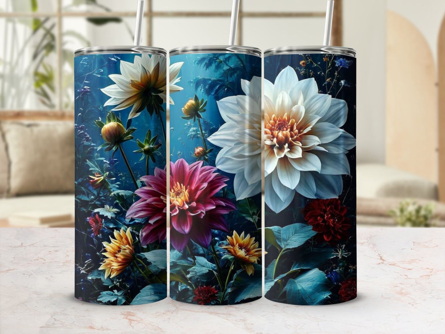 Three tumblers with realistic floral patterns, featuring dahlias and dark foliage.