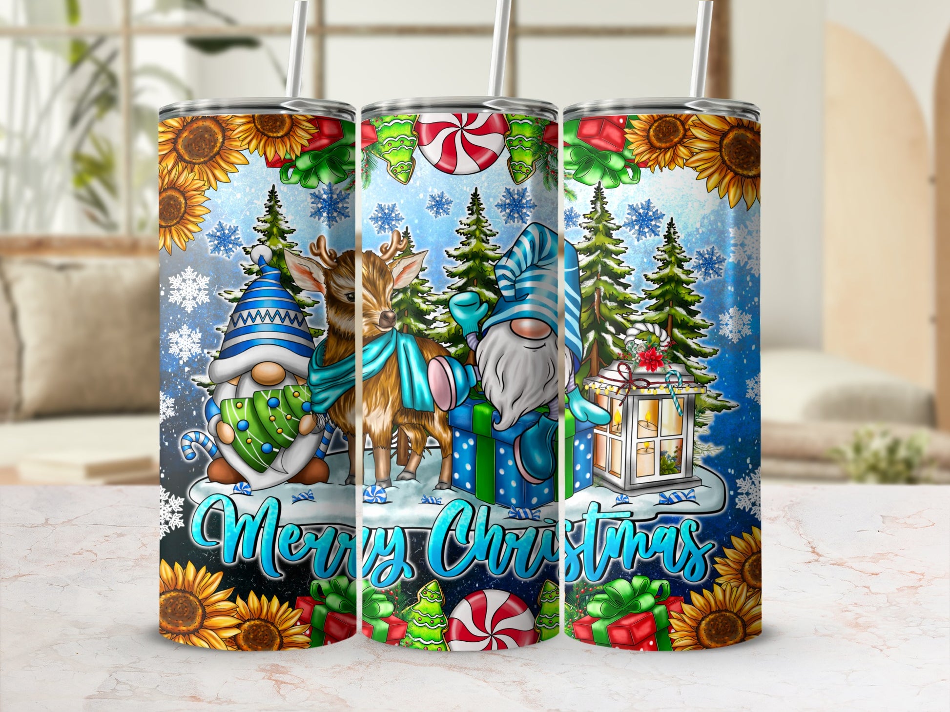 Three Christmas gnomes with reindeer, presents, and sunflowers on a snowy forest background.
