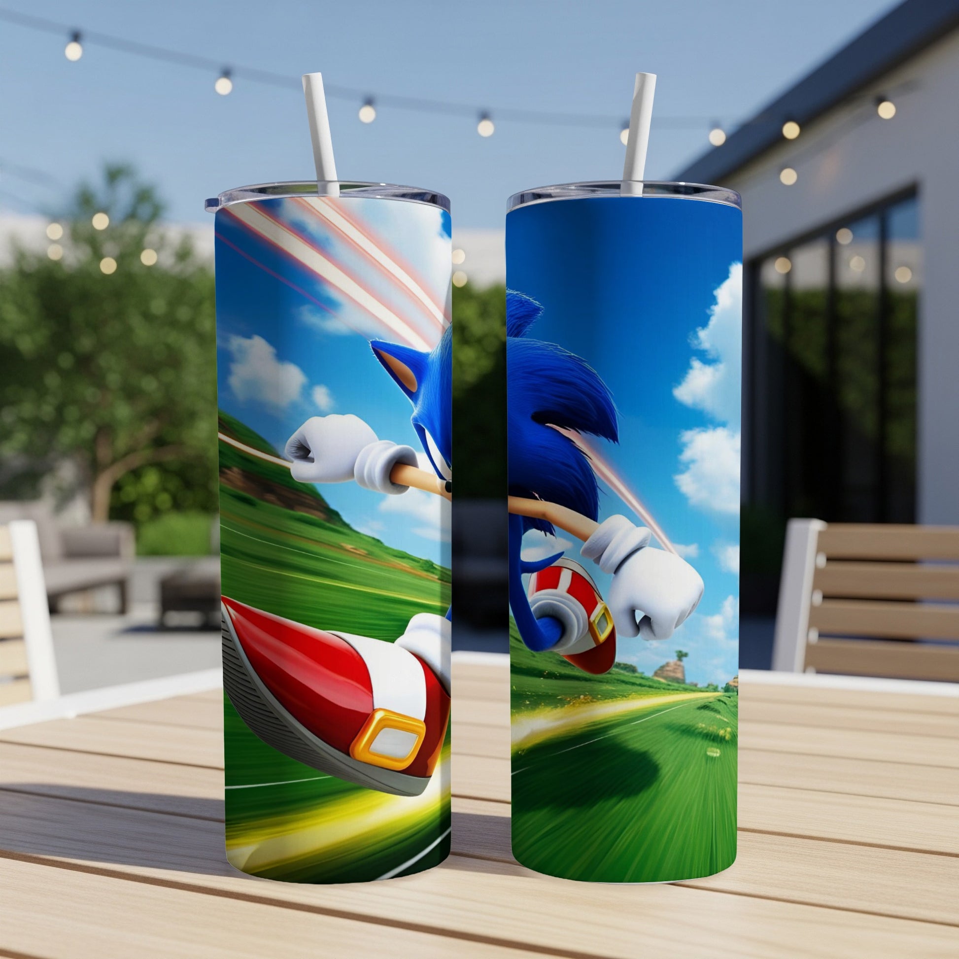 Sonic the Hedgehog speeds through a green, grassy landscape.