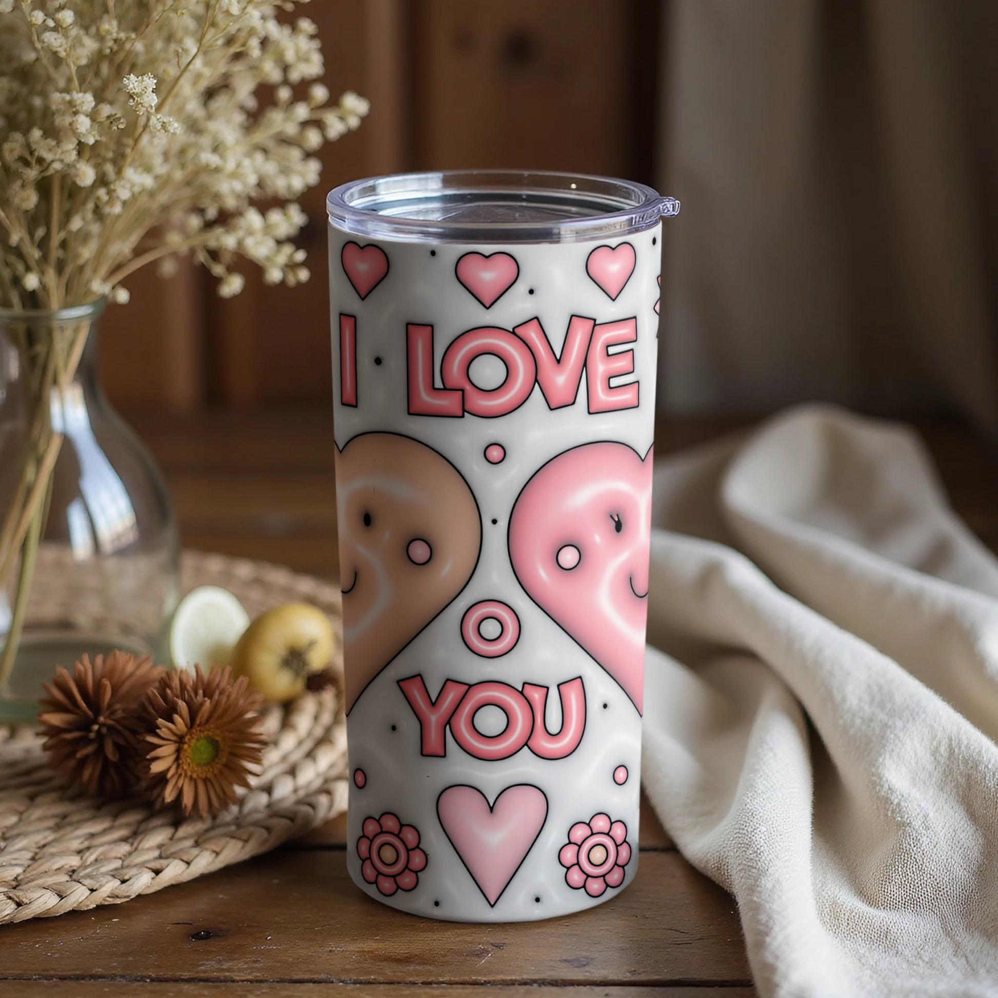 I Love You Cartoon Hearts and Flowers Tumbler Cup