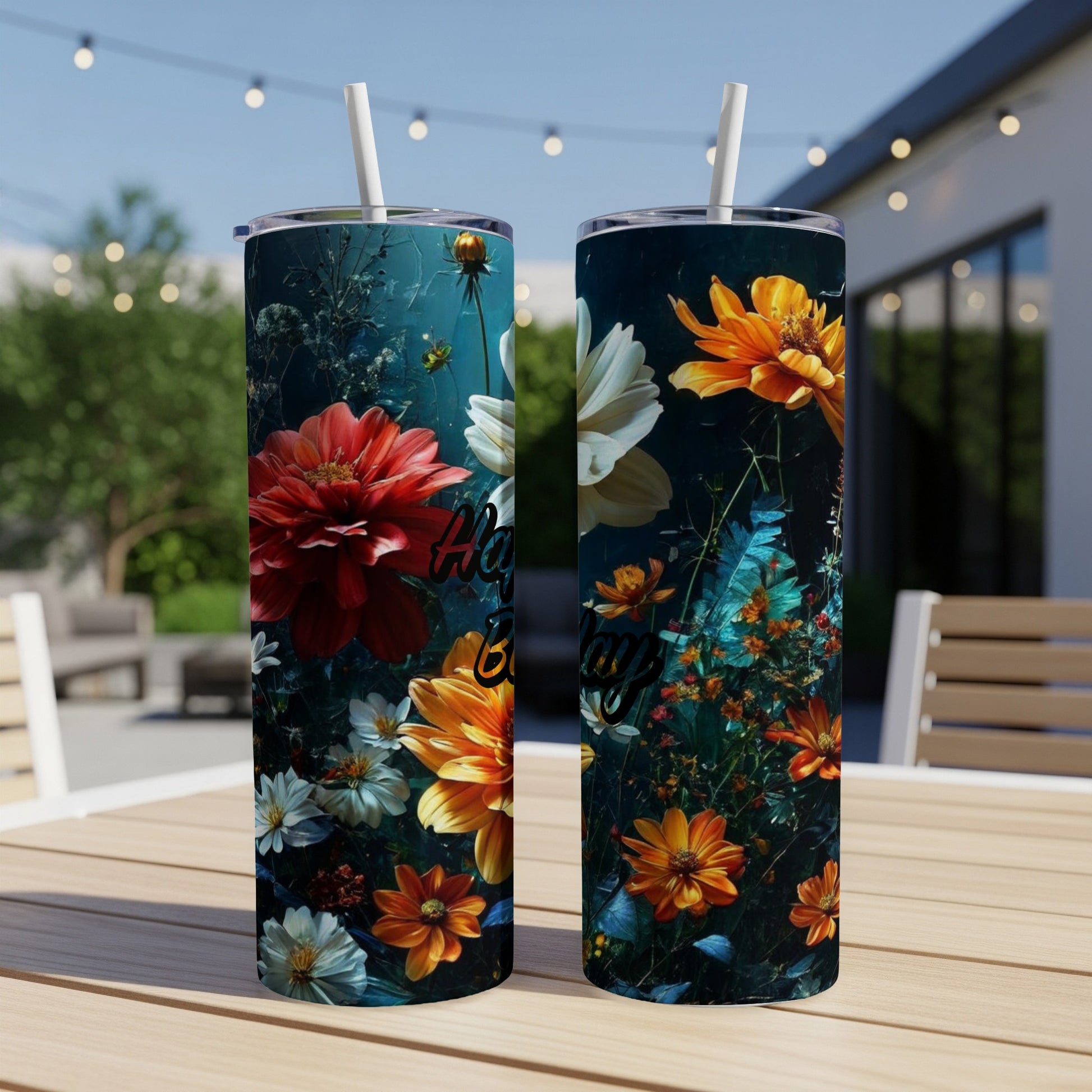 Two tall tumblers with floral designs, featuring "Happy Birthday" text.