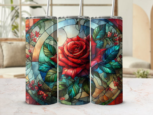 Three stained glass tumblers featuring a red rose and floral accents.