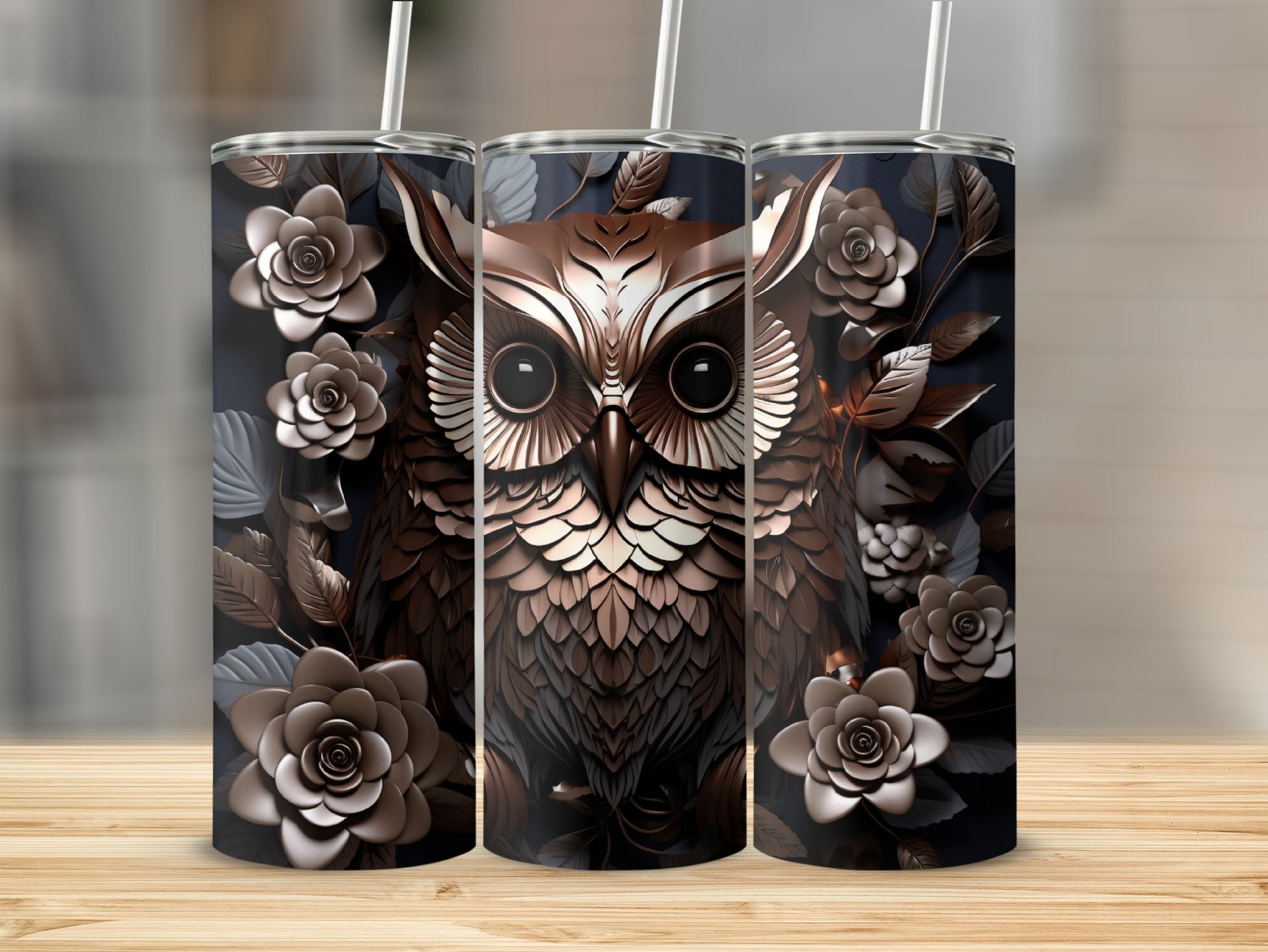 Brown owl design on three tumblers with floral accents.