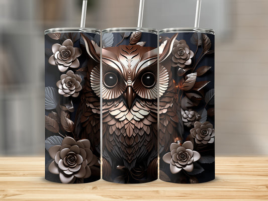 Brown owl design on three tumblers with floral accents.