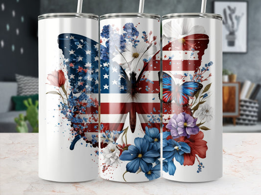 White tumblers with butterfly and floral patriotic USA flag design.