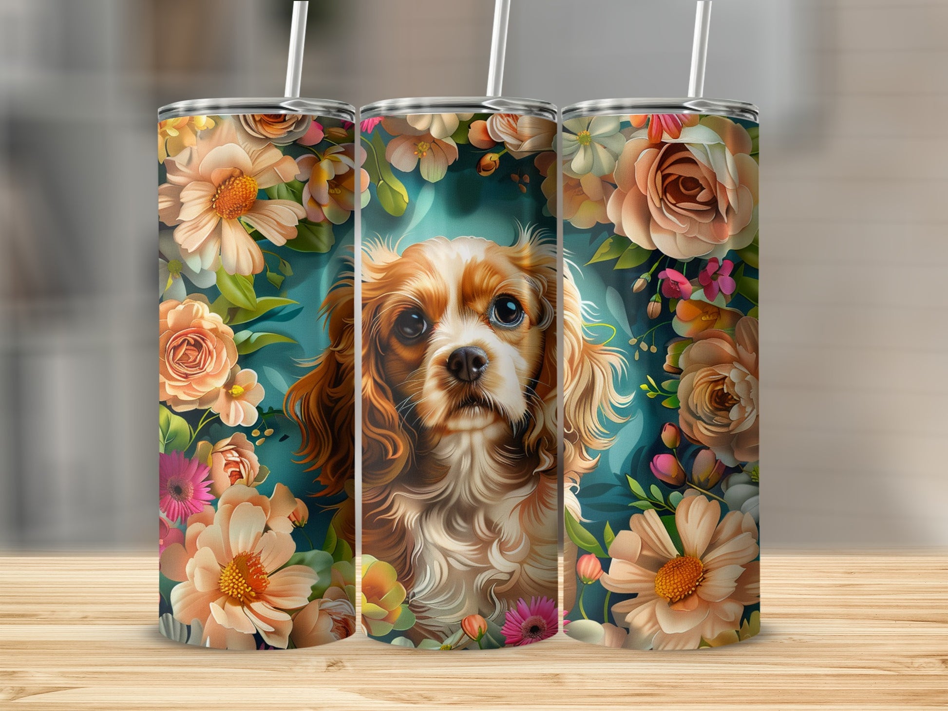 Three tumblers featuring a Cavalier King Charles Spaniel among floral patterns.