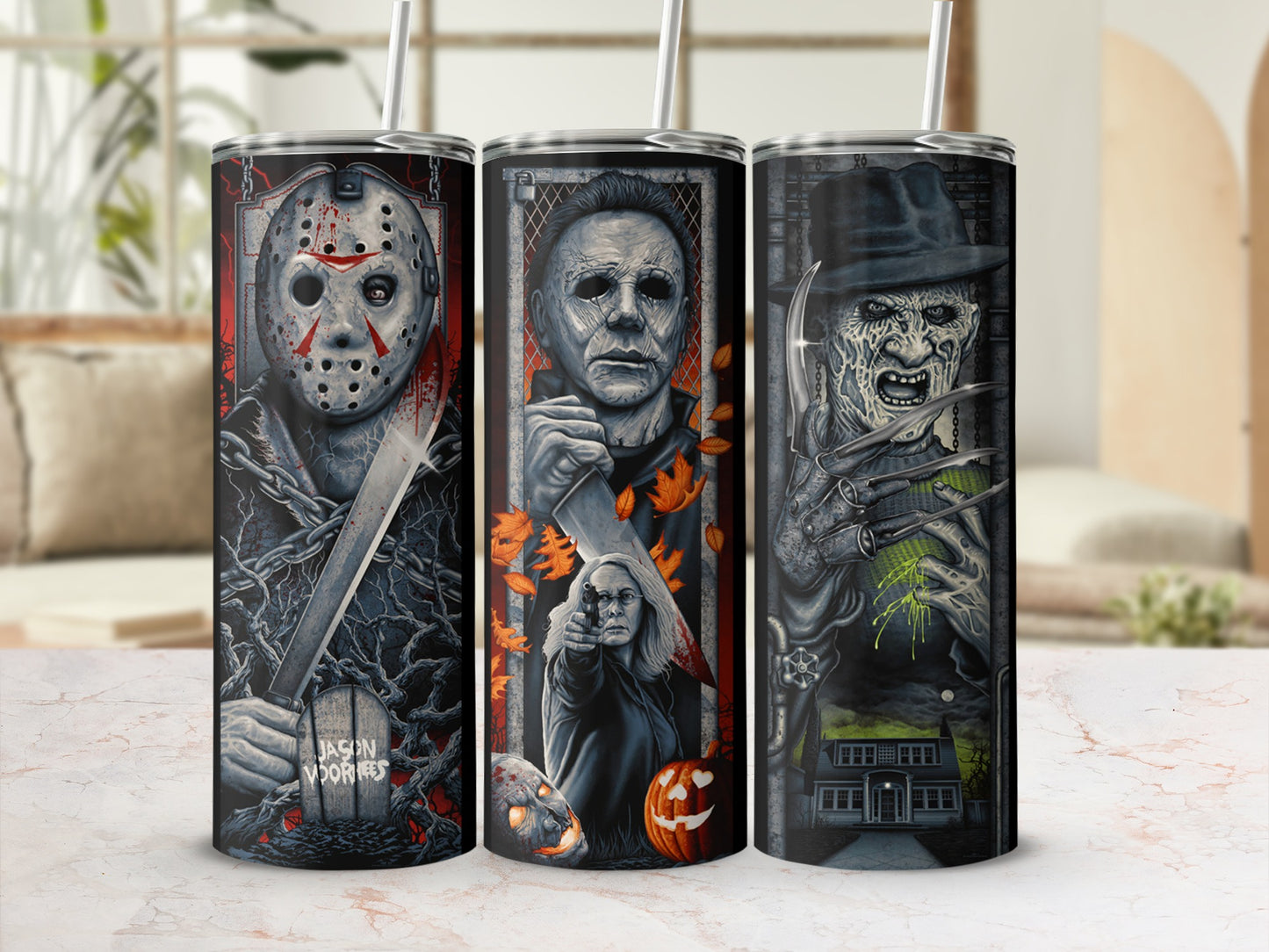 Three horror movie villains: Jason, Michael Myers, and Freddy Krueger on tumblers.