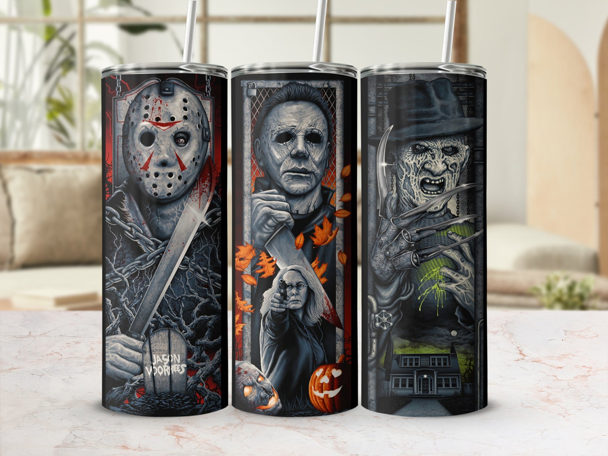 Three horror movie villains: Jason, Michael Myers, and Freddy Krueger on tumblers.