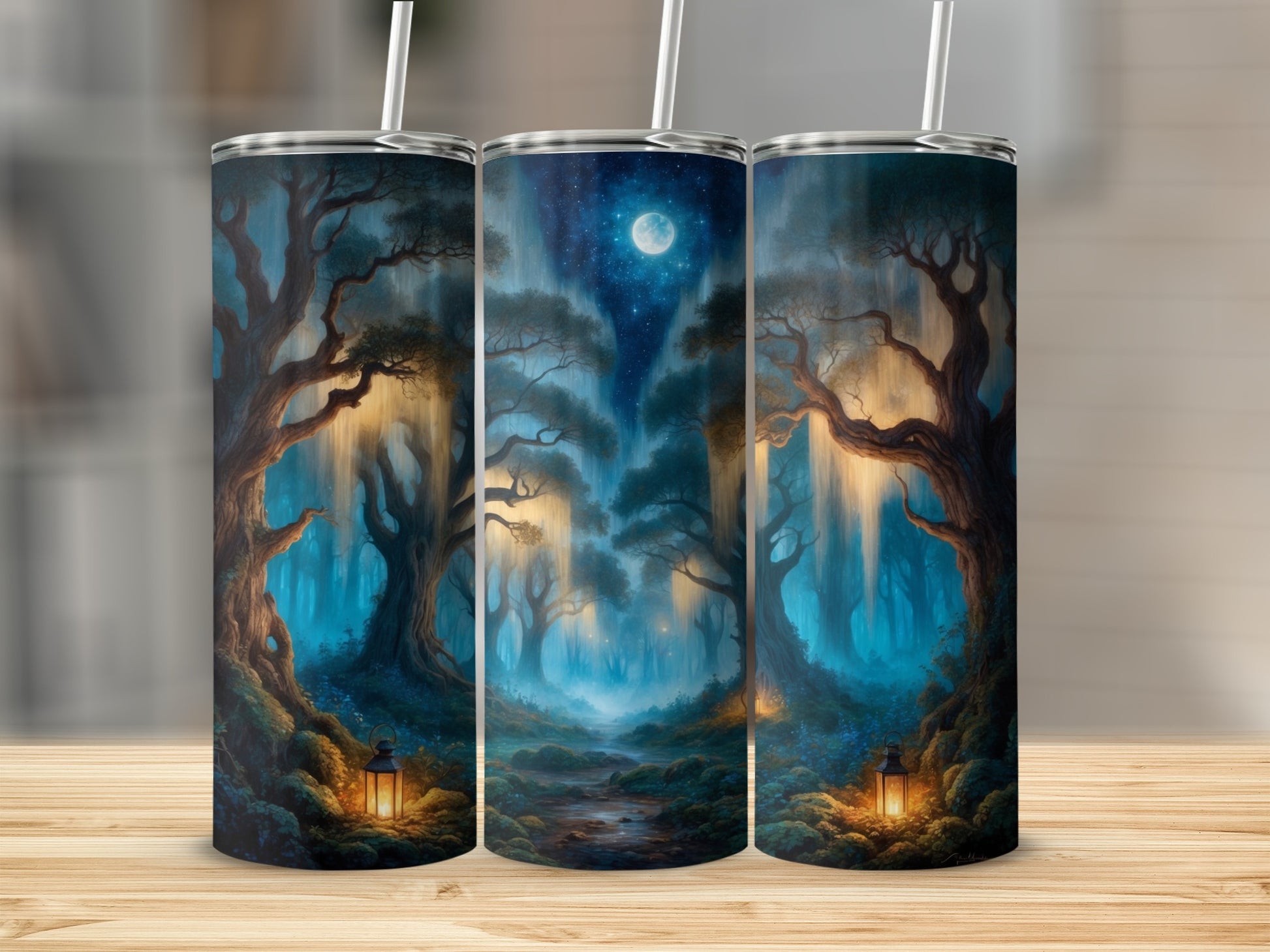 Enchanted forest scene with glowing lanterns and a full moon.