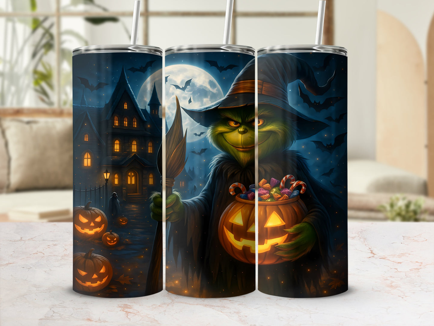 Grinch character in a witch hat holding a pumpkin full of candy.