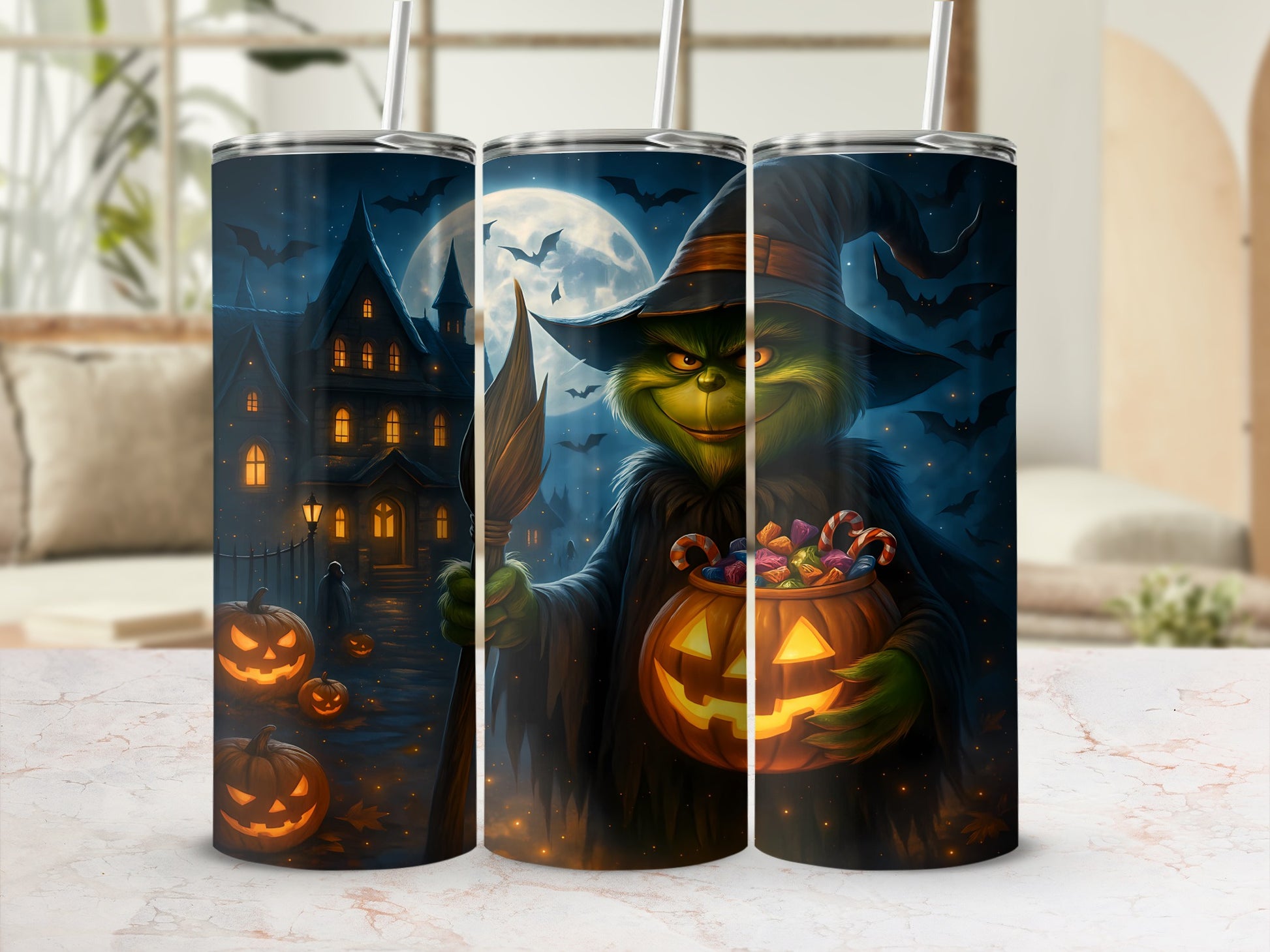 Grinch character in a witch hat holding a pumpkin full of candy.