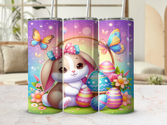 Easter bunny with colorful eggs and butterflies on a purple gradient tumbler.