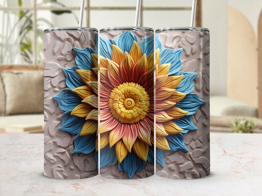 Sunflower design on three tumblers with textured background.
