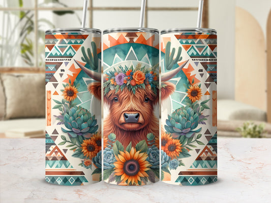 Highland cow with floral wreath on geometric patterned tumblers.