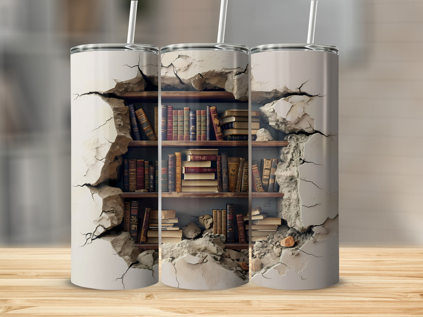 Three tumblers with cracked plaster revealing a bookshelf filled with books.
