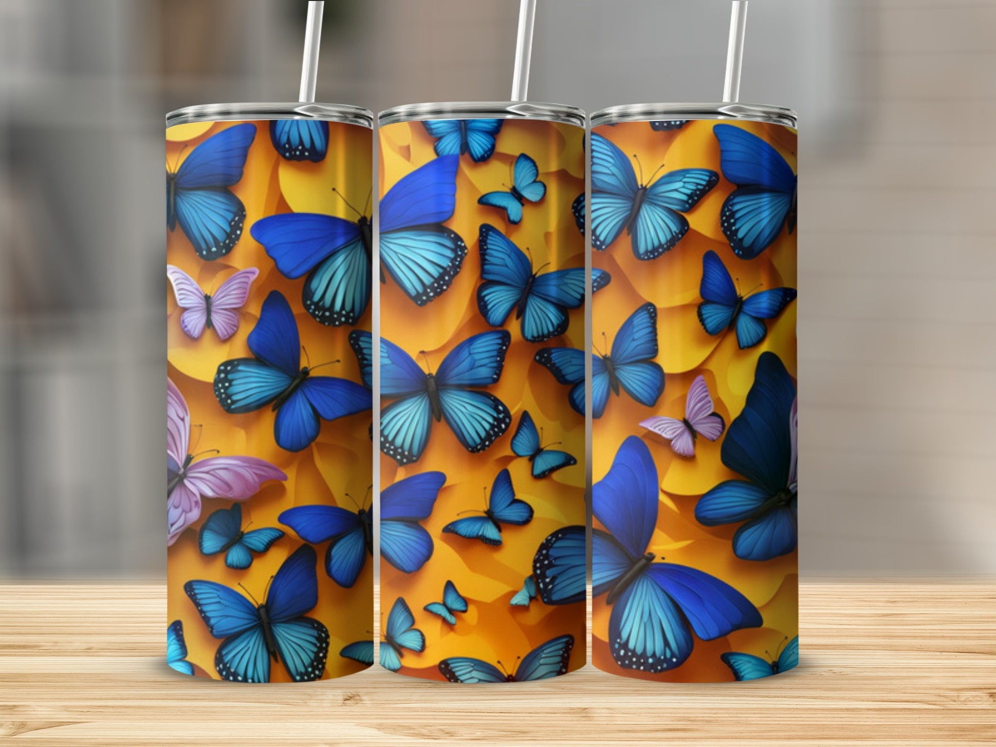 Blue and yellow butterflies on a tumbler.