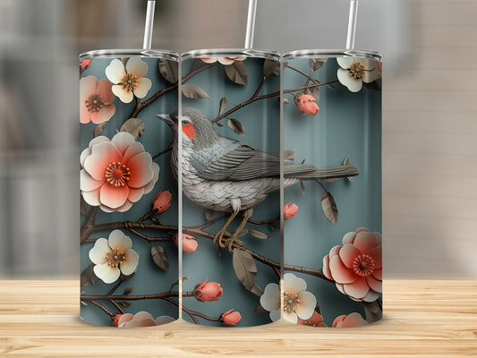 Three tumblers with a bird on a branch with flowers.