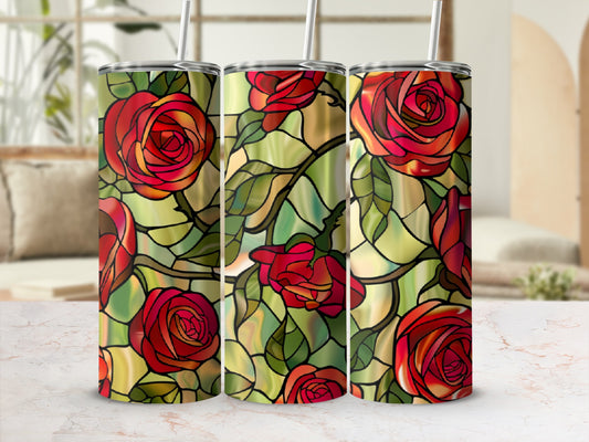 Tumbler with stained glass red roses and green leaves pattern.