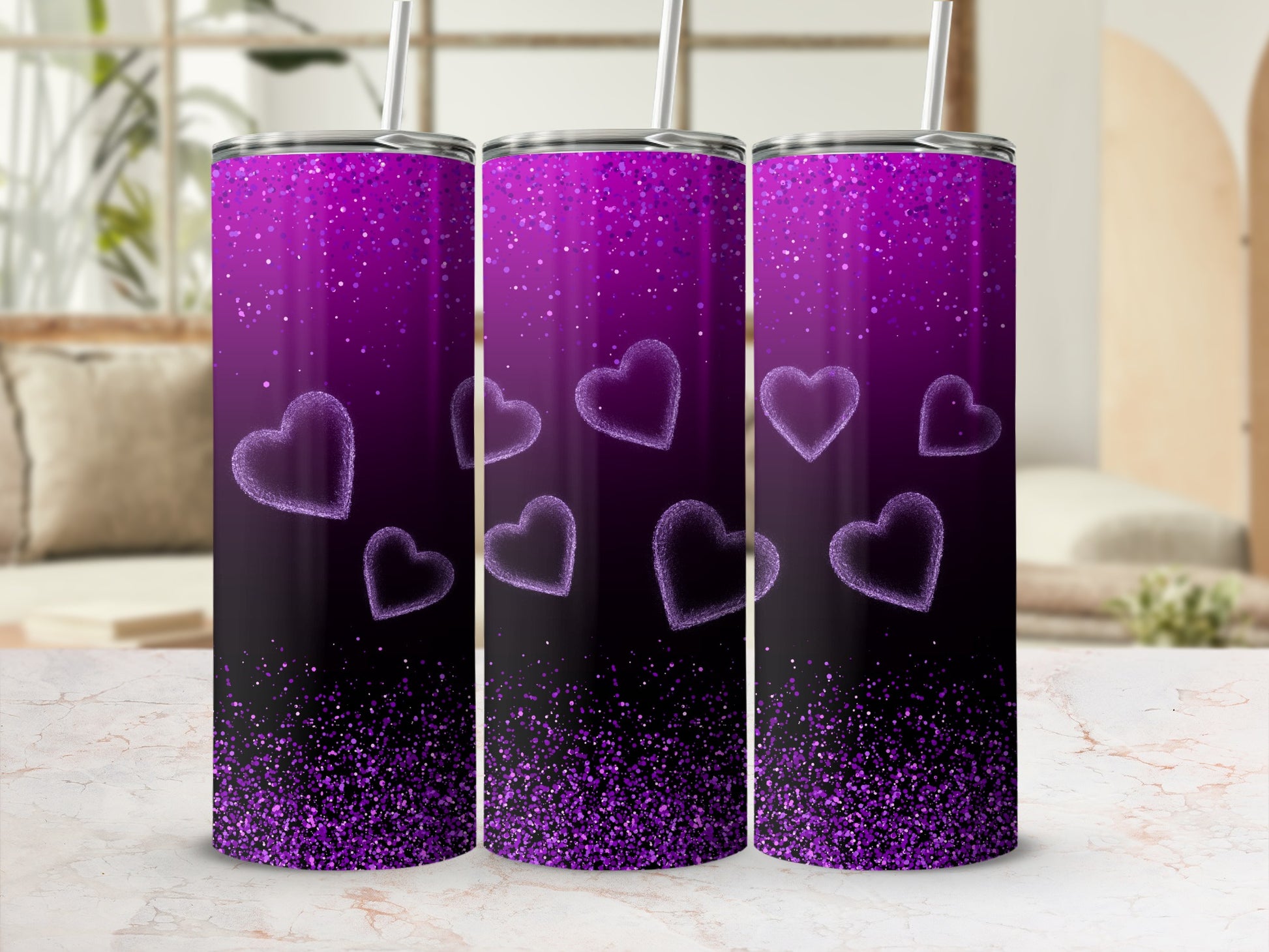 Sparkling Purple Hearts Tumbler Coffee Travel Mug