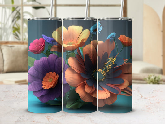 Tumbler with vibrant orange, purple, and blue floral design.